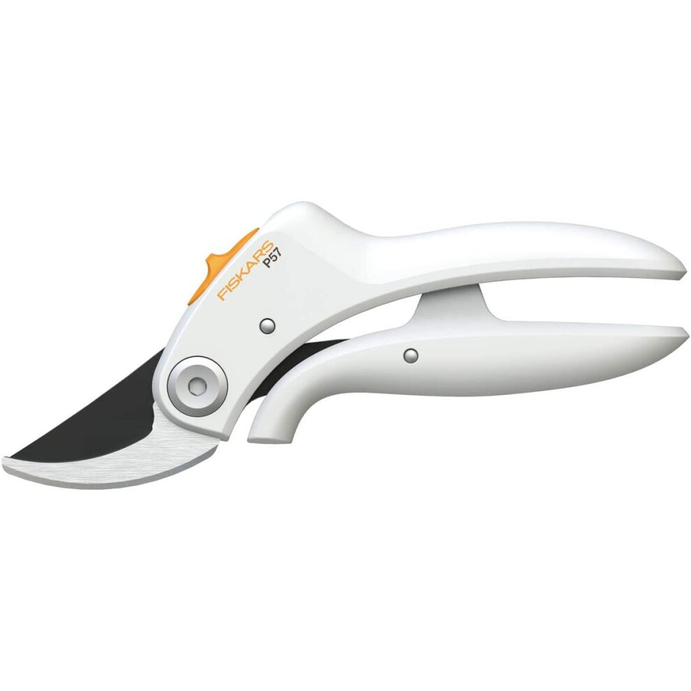 Fiskars Pruner bypass P57, White, For fresh branches and twigs up to Ø 2 cm, Length: 18 cm, Weight: 140 g, White/Orange, FiberComp/High Steel, Light,