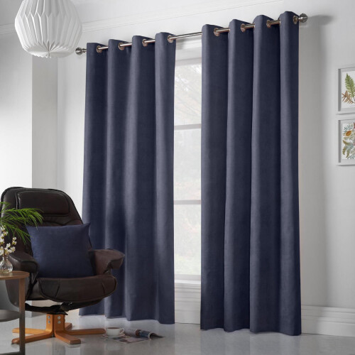 Velvet Chenille Eyelet Curtains Navy 56" x 54"