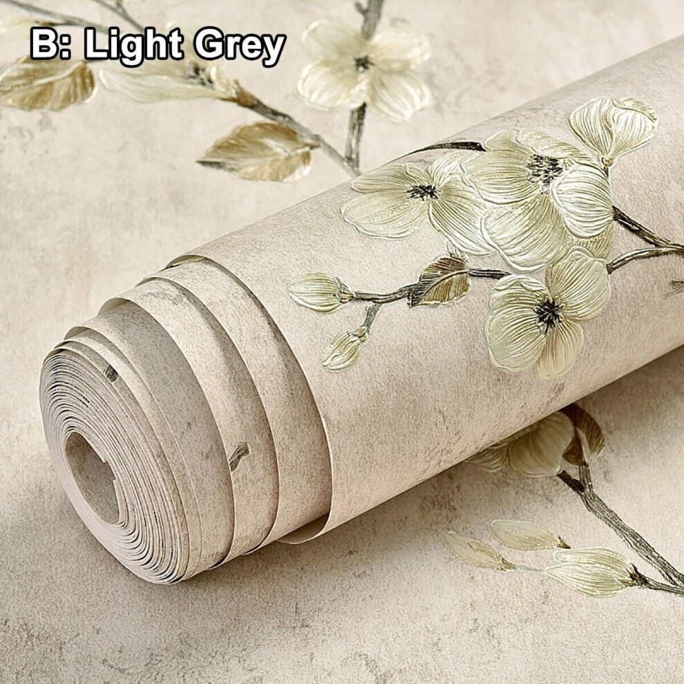 (Light Grey) 3D Floral Embossed Wallpaper Self Adhesive Non-woven Wallpapers Home Decor 5M