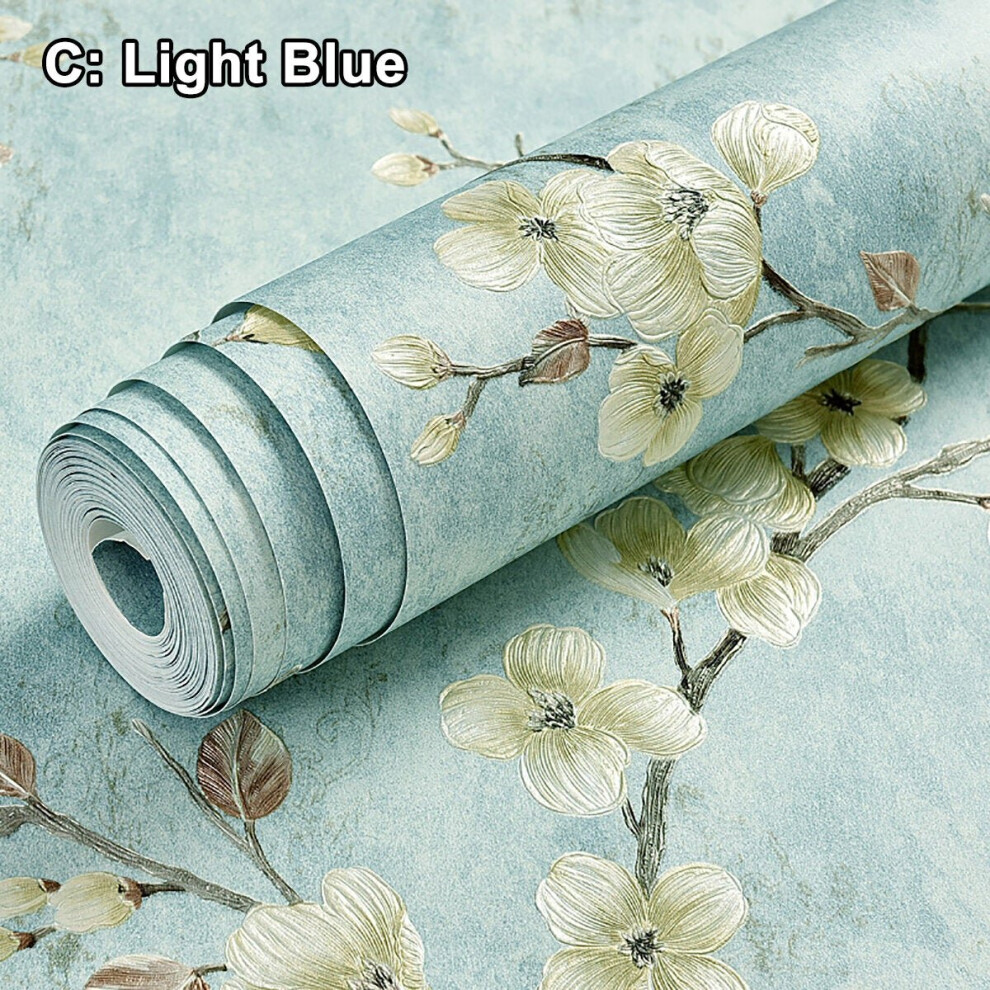 (Light Blue) 3D Floral Embossed Wallpaper Self Adhesive Non-woven Wallpapers Home Decor 5M