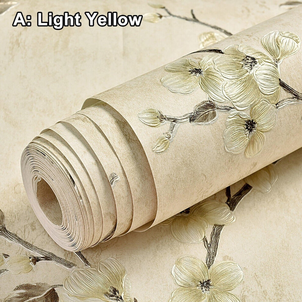 (Light Yellow) 3D Floral Embossed Wallpaper Self Adhesive Non-woven Wallpapers Home Decor 5M