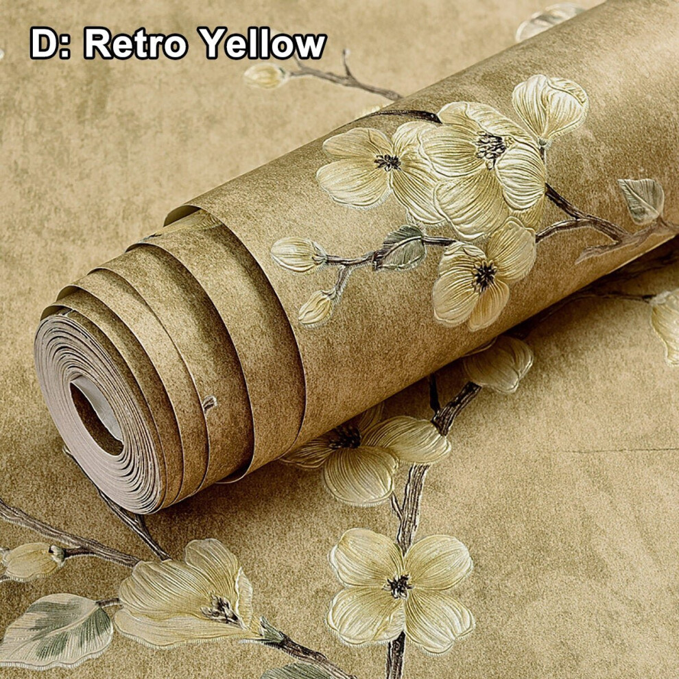 (Retro Yellow) 3D Floral Embossed Wallpaper Self Adhesive Non-woven Wallpapers Home Decor 5M