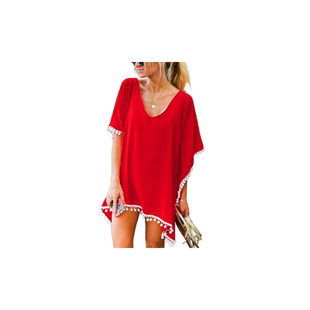 (Red) Pom-Pom Summer Bikini Cover Up Sarong