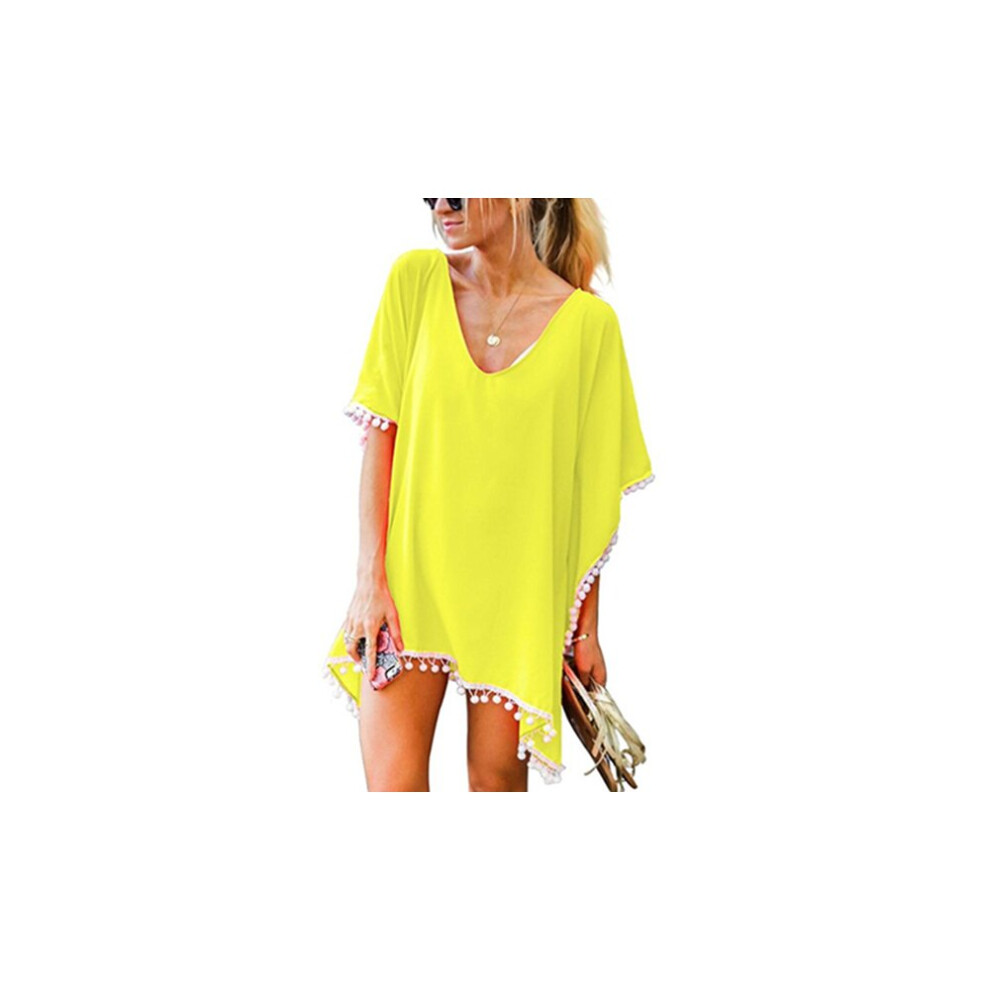 (Yellow) Pom-Pom Summer Bikini Cover Up Sarong