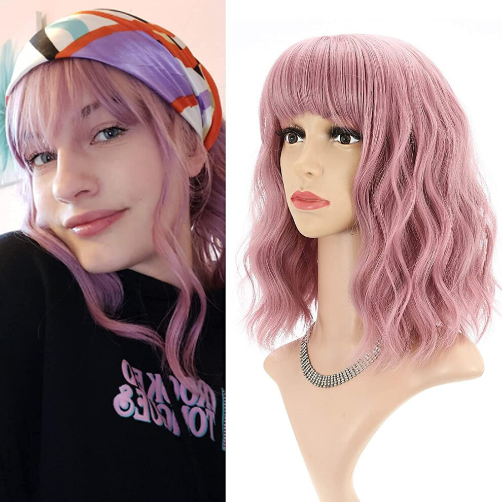 Faelbaty Short Wave Pink Bob Wigs With Bangs Shoulder Length Women's Short Wig Curly Wavy Synthetic Cosplay Wig Pastel Wig For Girl Costume Wigs Pink