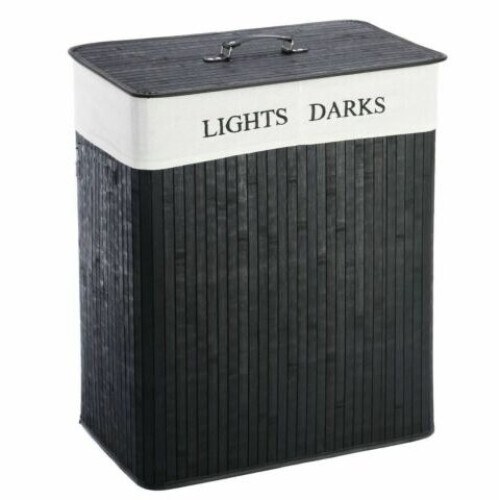 (BLACK) FOLDING LAUNDRY BASKET HAMPER BAMBOO WOOD DARK AND LIGHT SECTION WITH LID