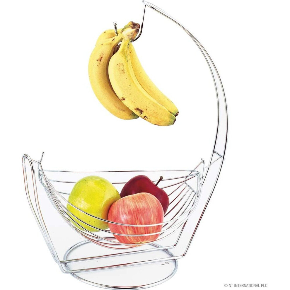 Ossian Hammock Fruit Basket with Banana Hook â Stylish Premium Chrome Home Kitchen 2 in 1 Large Wide Wire Frame Swinging Fruit Bowl Basket with