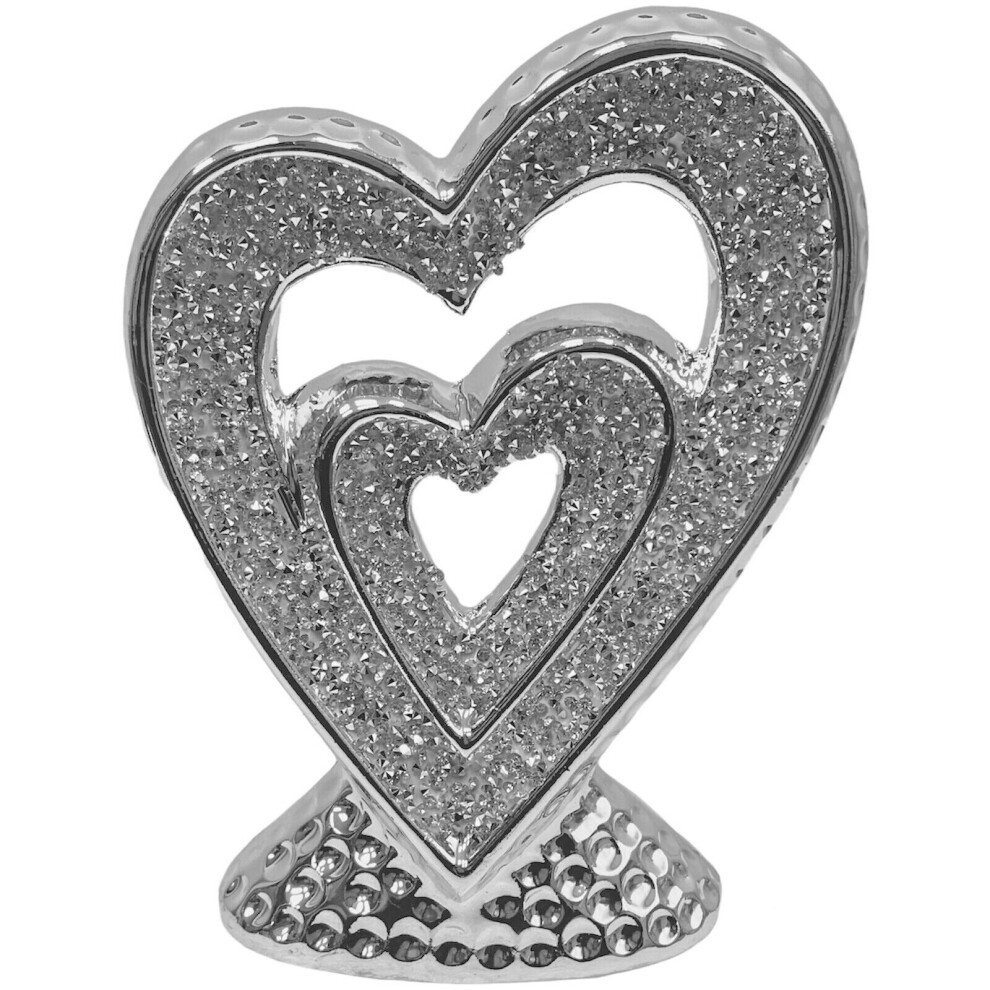 Silver Sparkle Heart Sculpture Crush Diamond Detail Elegant Bling Shelf Ornament