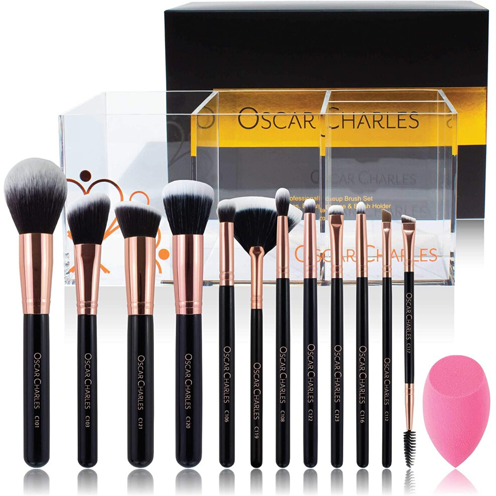 Oscar Charles Gold 12 Piece Professional Radiance Makeup Brush Set With Beauty Sponge And Makeup Holder - Rose