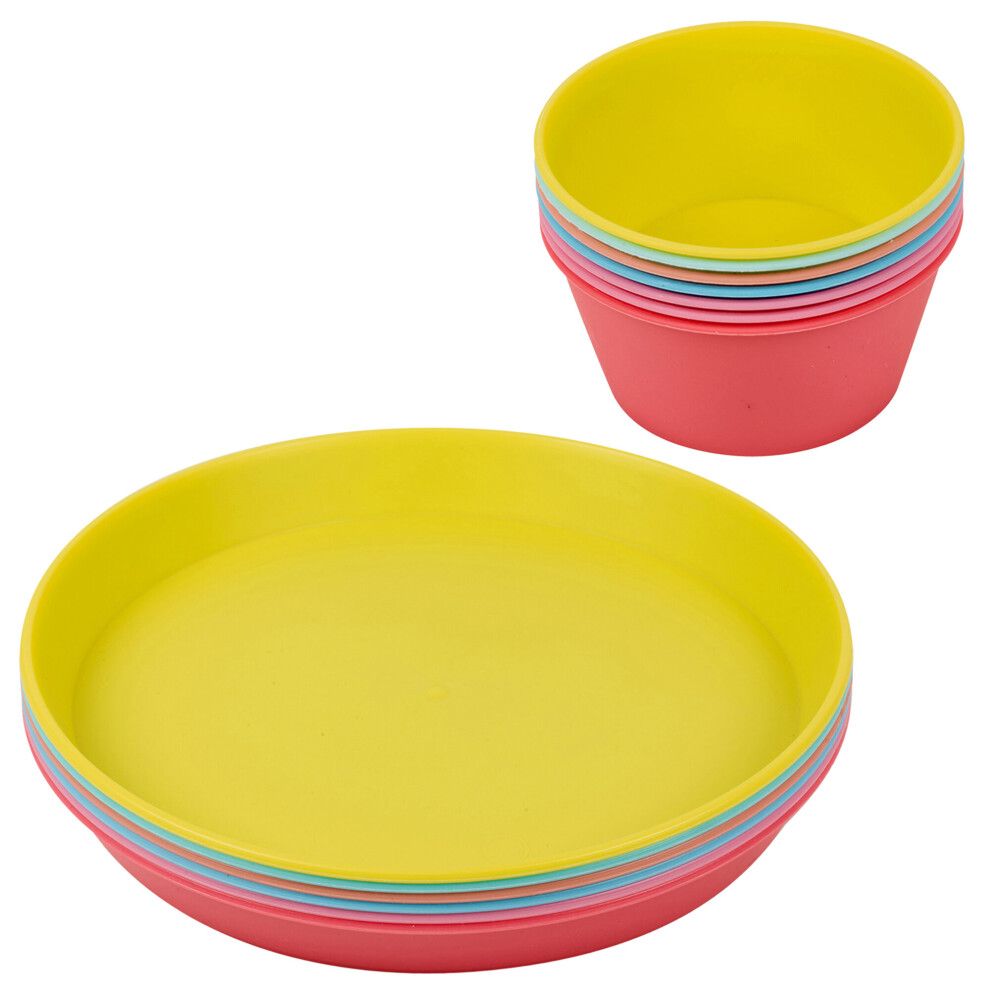 12pc Colorful Reusable Plastic Kids Picnic Party Bowls & Plates Set