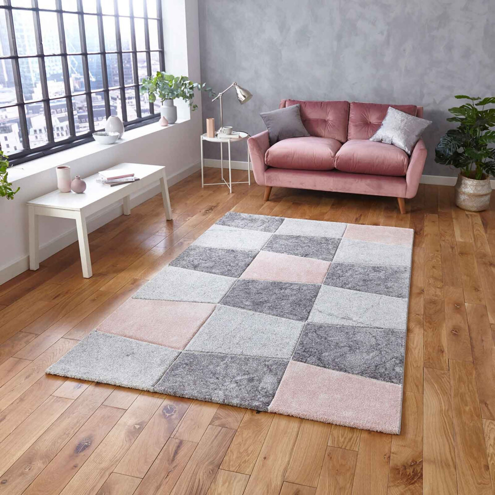 (Grey/Rose, 160 x 220 cm) Checkers Geometric Rugs Pastel Grey Multicolor Carpet Bedroom Living Room Rug UK