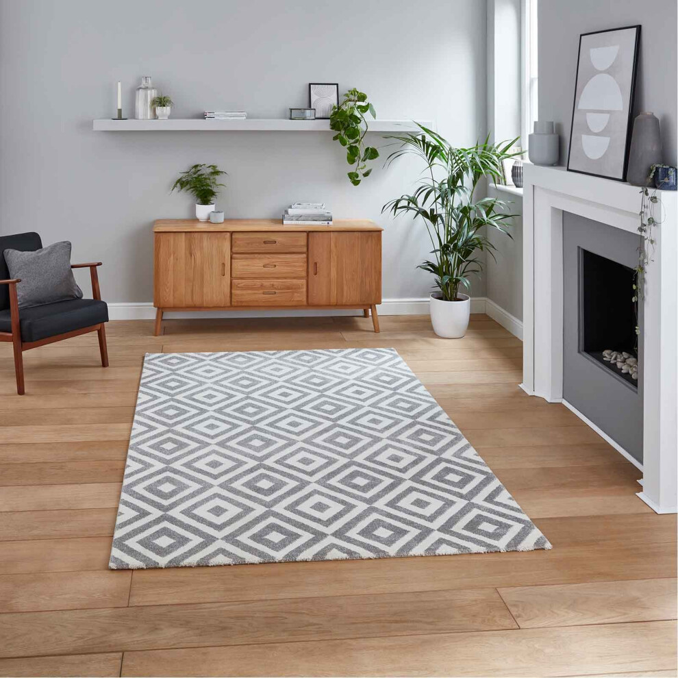 (200 x 290 cm) Modern Geometric Diamond Rug Grey Small Extra Large Area Rugs Non Shed Durable