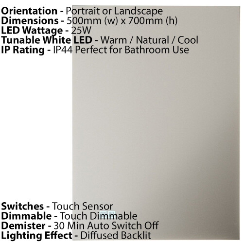 Loops 500 x 700mm IP44 Backlit LED Bathroom Mirror & Demister - Diffused Tunable White 1