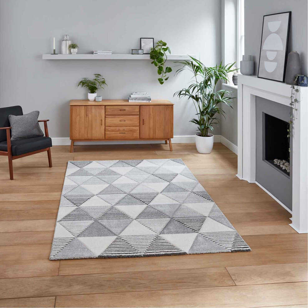 (Grey/Beige, 120 X 170 cm) Pastel Diamond Geometric Rugs Non Shed Small Medium Large Living Room Bedroom Rug Carpet Mat UK