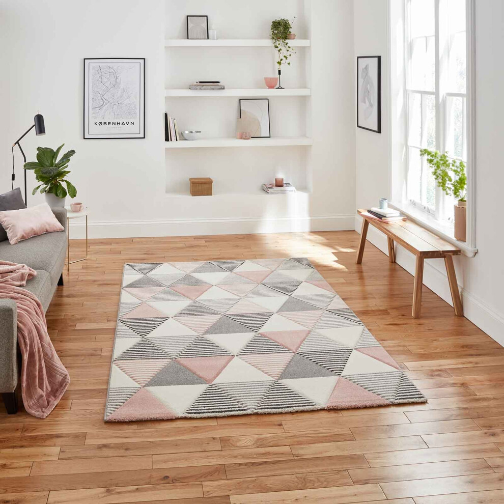 (Grey/Rose, 160 x 220 cm) Pastel Diamond Geometric Rugs Non Shed Small Medium Large Living Room Bedroom Rug Carpet Mat UK