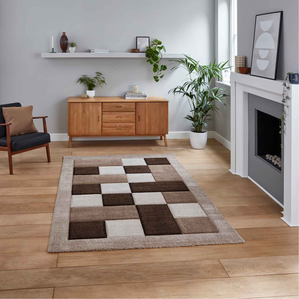 (Beige, 120 x 170 cm) Think Rugs Brooklyn BRK04 Box Checkers Geometric Rugs Multi Colour Small XL Extra Large Living room Bedroom Rug Carpet Mat Hallway Runner