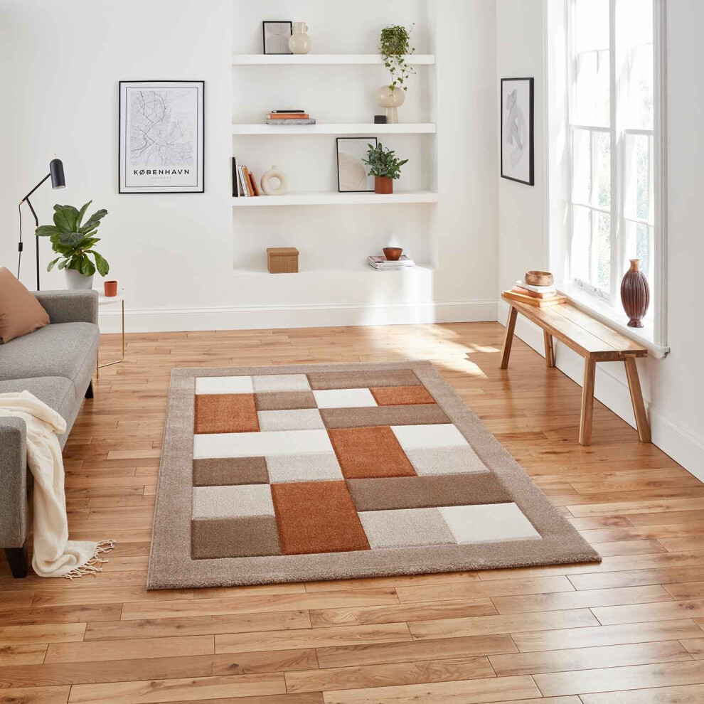 (Beige / Terra, 60 x 120 cm) Think Rugs Brooklyn BRK04 Box Checkers Geometric Rugs Multi Colour Small XL Extra Large Living room Bedroom Rug Carpet Mat Hallway Runner