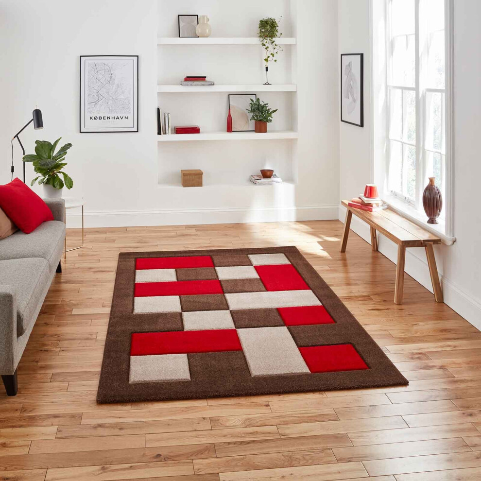 (Brown / Red, 60 x 230 cm - Runner) Think Rugs Brooklyn BRK04 Box Checkers Geometric Rugs Multi Colour Small XL Extra Large Living room Bedroom Rug Ca