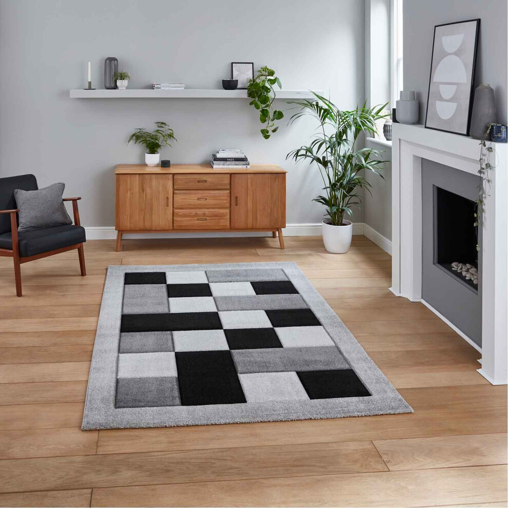 (Grey, 60 x 230 cm - Runner) Think Rugs Brooklyn BRK04 Box Checkers Geometric Rugs Multi Colour Small XL Extra Large Living room Bedroom Rug Carpet Ma