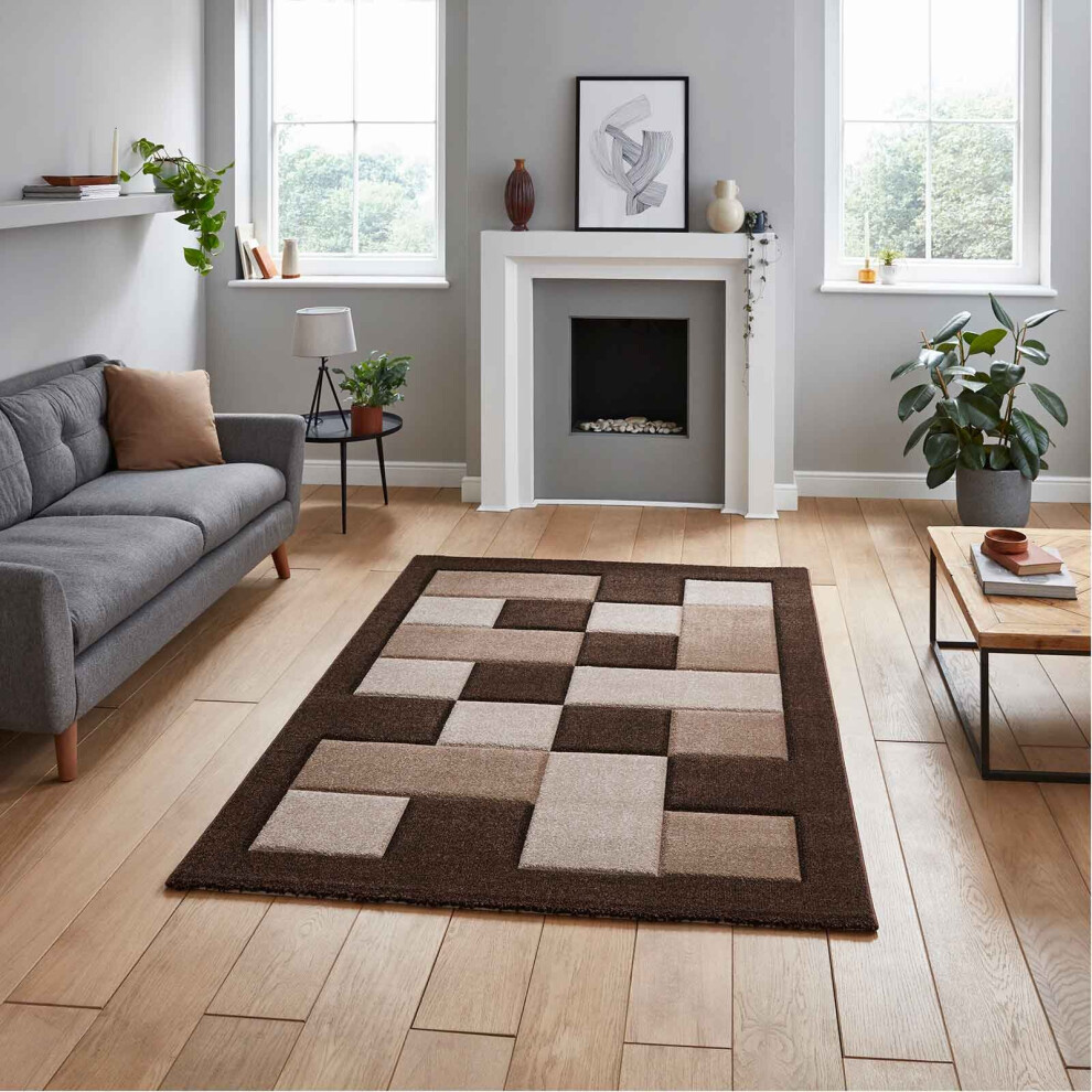 Think Rugs (Brown / Beige, 120 X 170 Cm) Brooklyn Brk04 Box Checkers Geometric Rugs Multi Colour Small Xl Extra Large Living Room Bedroom Rug Carpet M