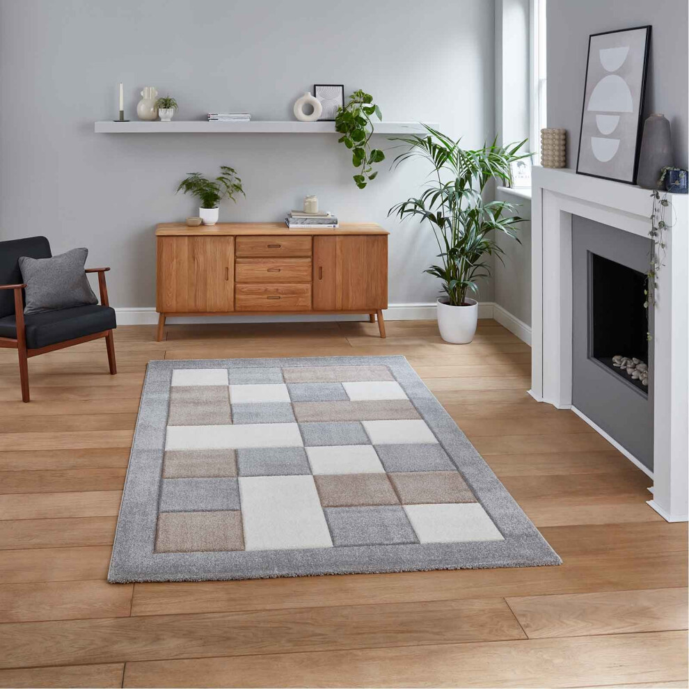 (Grey / Beige, 60 x 120 cm) Think Rugs Brooklyn BRK04 Box Checkers Geometric Rugs Multi Colour Small XL Extra Large Living room Bedroom Rug Carpet Mat-image-OPC-P92JM9G-NEW