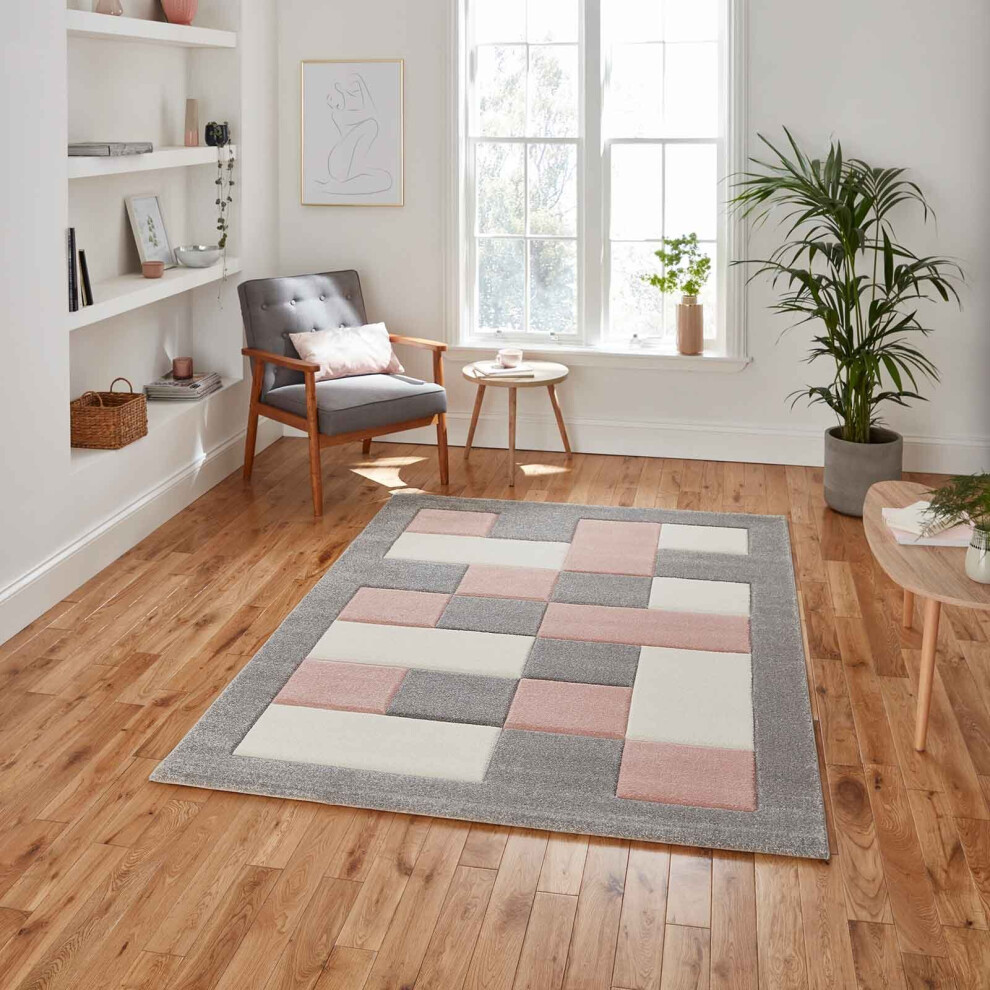 Think Rugs (Grey / Pink, 160 X 220 Cm) Brooklyn Brk04 Box Checkers Geometric Rugs Multi Colour Small Xl Extra Large Living Room Bedroom Rug Carpet Mat Pink,Grey