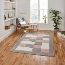 (Grey / Pink, 80 x 150 cm) Think Rugs Brooklyn BRK04 Box Checkers Geometric Rugs Multi Colour Small XL Extra Large Living room Bedroom Rug Carpet Mat Hallway Runner