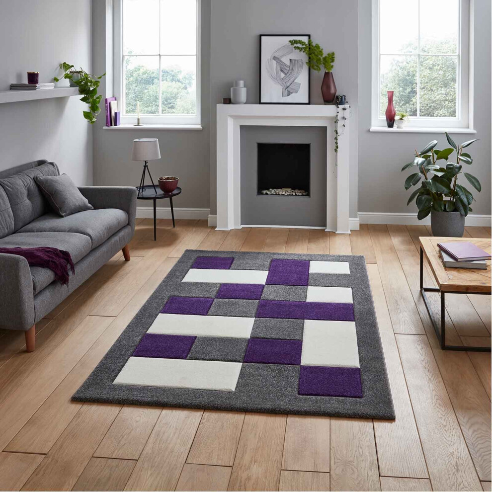 (Grey / Purple, 200 x 290 cm) Think Rugs Brooklyn BRK04 Box Checkers Geometric Rugs Multi Colour Small XL Extra Large Living room Bedroom Rug Carpet M