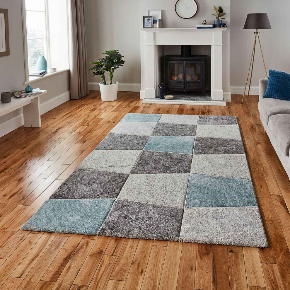 (Grey/Blue, 120 x 170 cm) Checkers Geometric Rugs Pastel Grey Multicolor Carpet Bedroom Living Room Rug UK