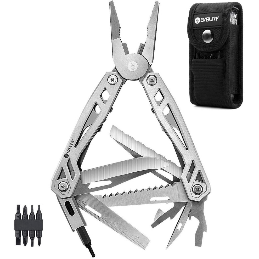 BIBURY Multi-Tool, 21 in 1 Multitools Pliers with Rope Cutter, Can Opener, Screwdriver, EDC Tools for Camping, Outdoor Activities, Repairing (Shiny)