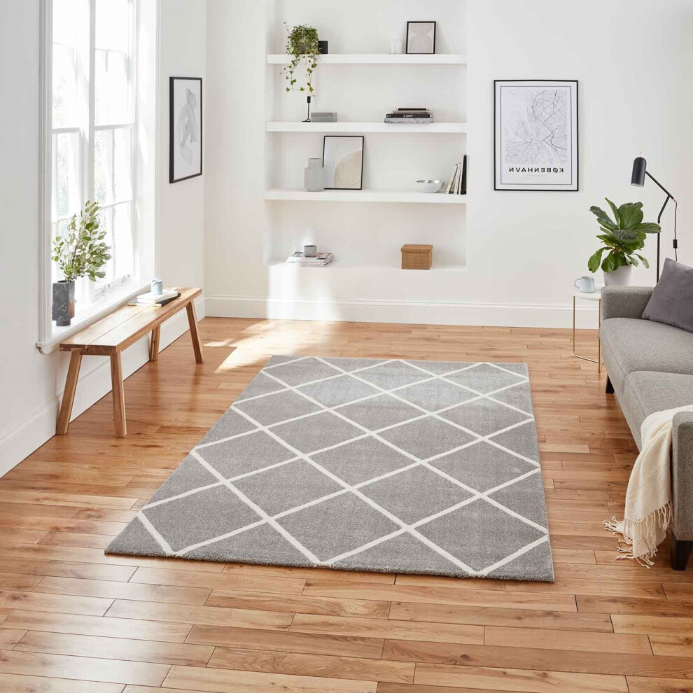 Think Rugs (Grey/Cream, 160 X 220 Cm) Modern Geometric Diamond Rugs Small Large Bedroom Living Room Rug Soft Carpet Uk Cream,Grey