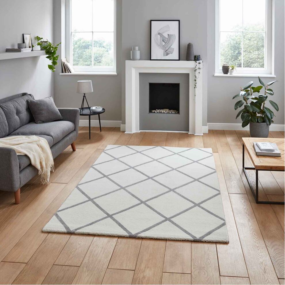 Think Rugs (Cream/Grey, 160 X 220 Cm) Modern Geometric Diamond Rugs Small Large Bedroom Living Room Rug Soft Carpet Uk