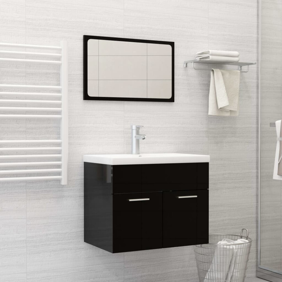 vidaXL Bathroom Furniture Set High Gloss Black Chipboard Sink Cabinet Mirror