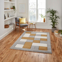 (Grey / Yellow, 80 x 150 cm) Think Rugs Brooklyn BRK04 Box Checkers Geometric Rugs Multi Colour Small XL Extra Large Living room Bedroom Rug Carpet Mat Hallway Runner