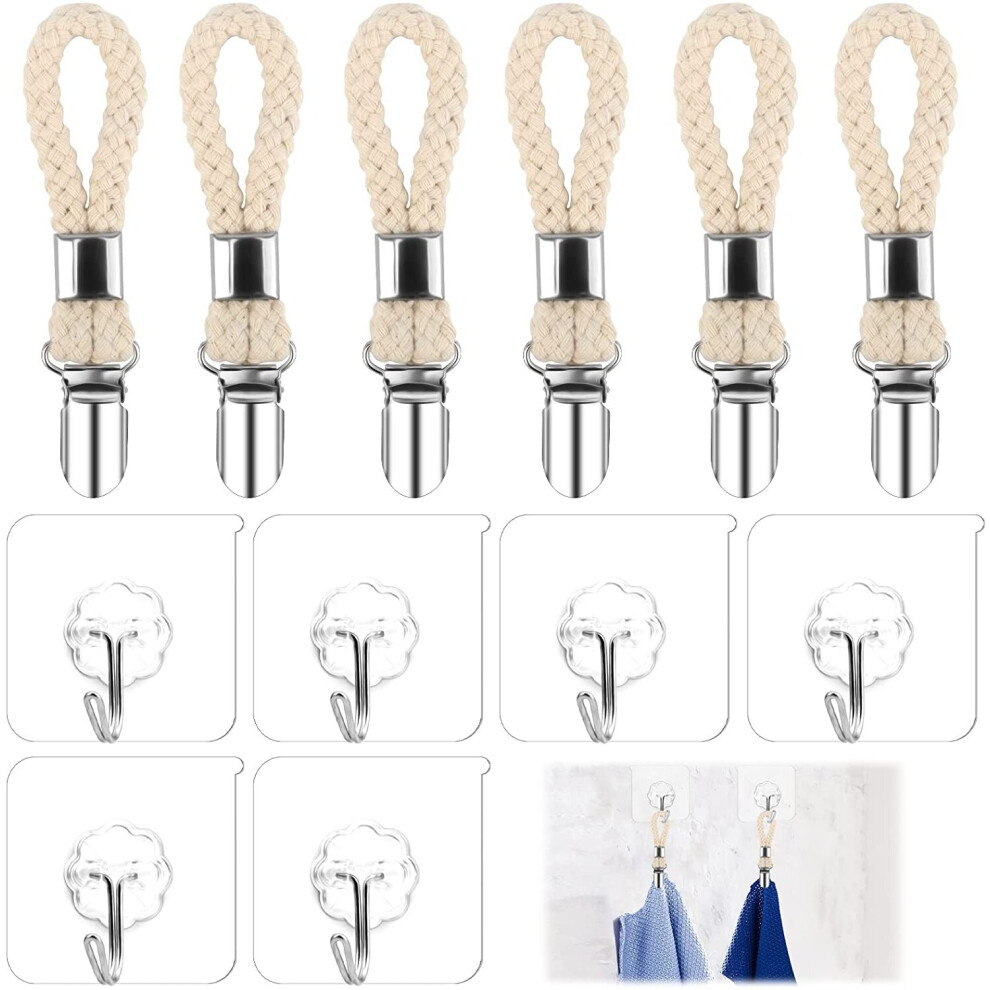 12 Pcs Towel Clip Cotton Rope Towel Clip with Transparent Wall Hanger Hook Hanging Metal Towel Clips,Braided Cotton Loop Towel...