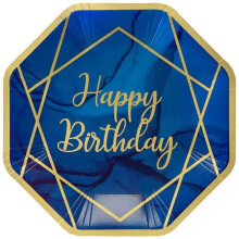Creative Party Happy Birthday Paper Dinner Plates, Navy/Gold Geode