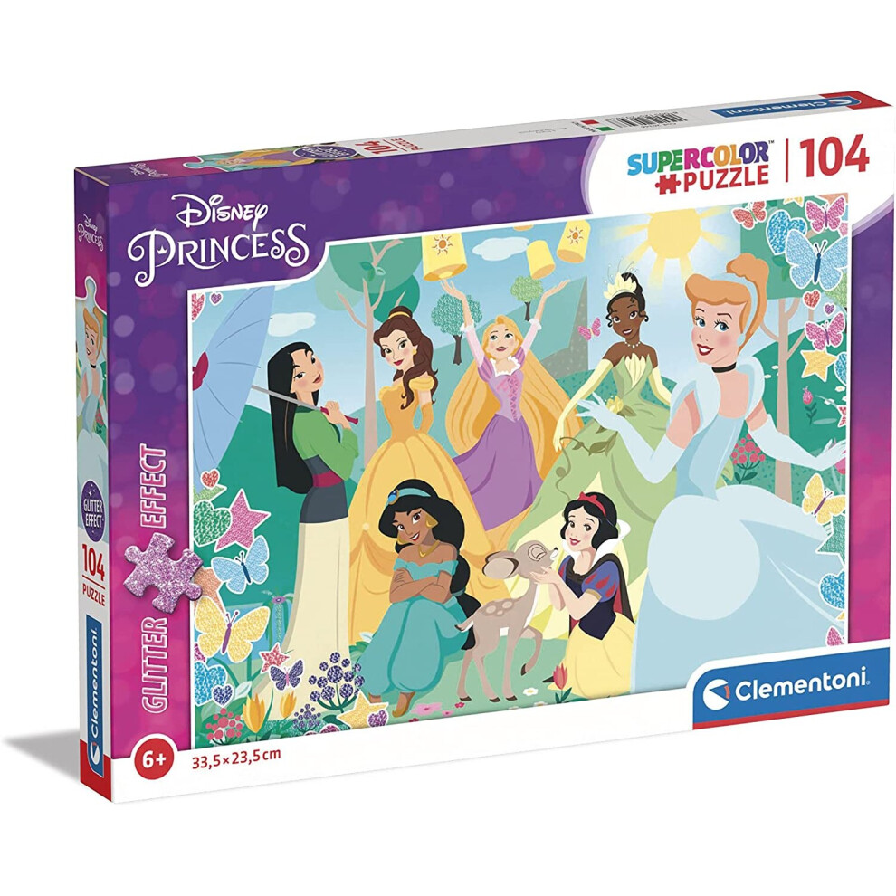 Clementoni 20346 Disney Princess Supercolor Glitter Princess-104 Pieces-Jigsaw Puzzle for Kids Age 6, Multicolor, Medium