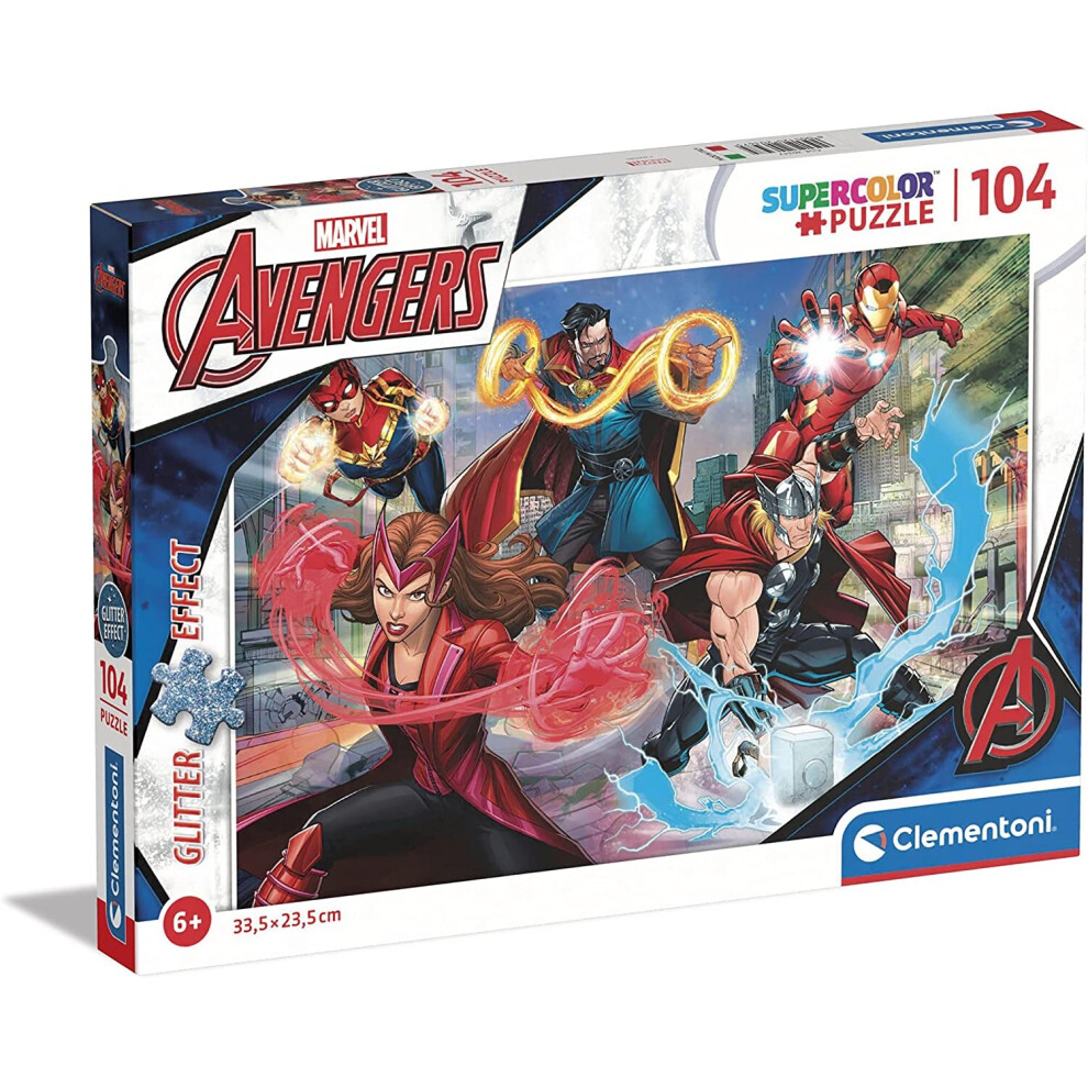 Clementoni 20347 Supercolor Glitter Marvel Avengers-104 Pieces-Jigsaw Puzzle for Kids Age 6, Multicolor, Medium