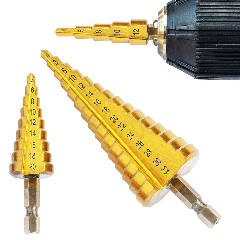 BLOSTM Step Drill Bit Set - 3pcs High Speed Cone Cutter HSS Drill Bit Set Includes 4-12mm, 4-20mm & 4-32mm - Step Drill Bit for...