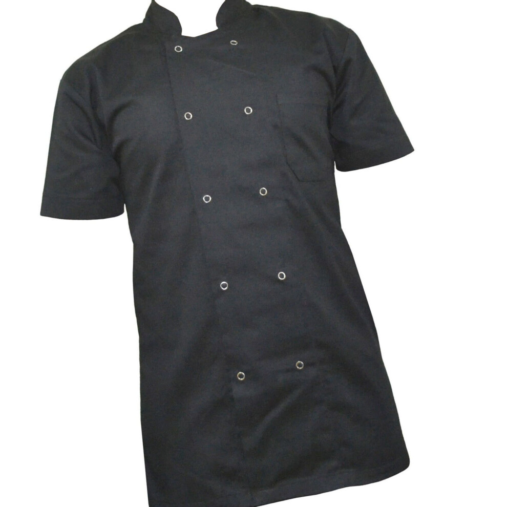 (Hidden Button, XL) Black Chef Jacket Short Sleeve Unisex Chefs Jacket