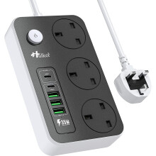Hulker Extension Lead with USB C Ports Power Strip with 3 Way Outlets 5 USB Slots (1 PD 20W Type-C and 1 USB-C and 3 USB-A...