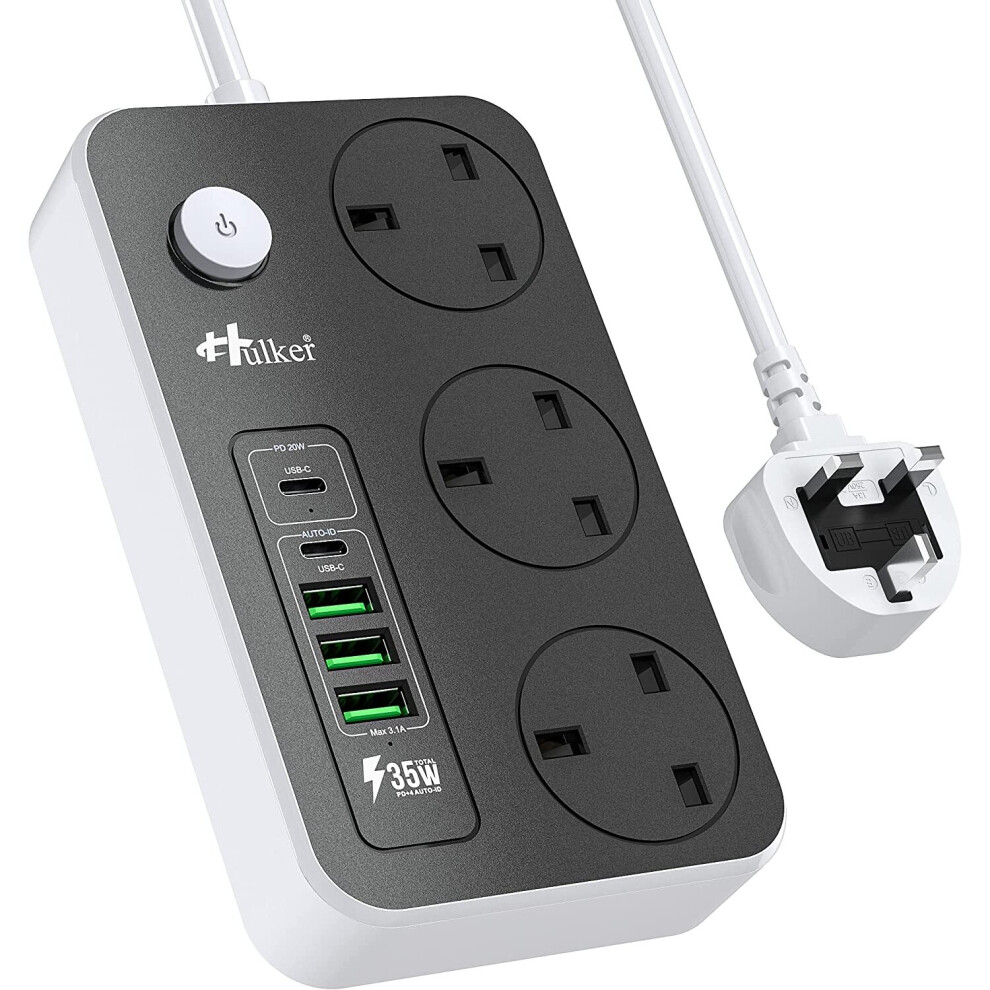 Hulker Extension Lead with USB C Ports Power Strip with 3 Way Outlets 5 USB Slots (1 PD 20W Type-C and 1 USB-C and 3 USB-A...
