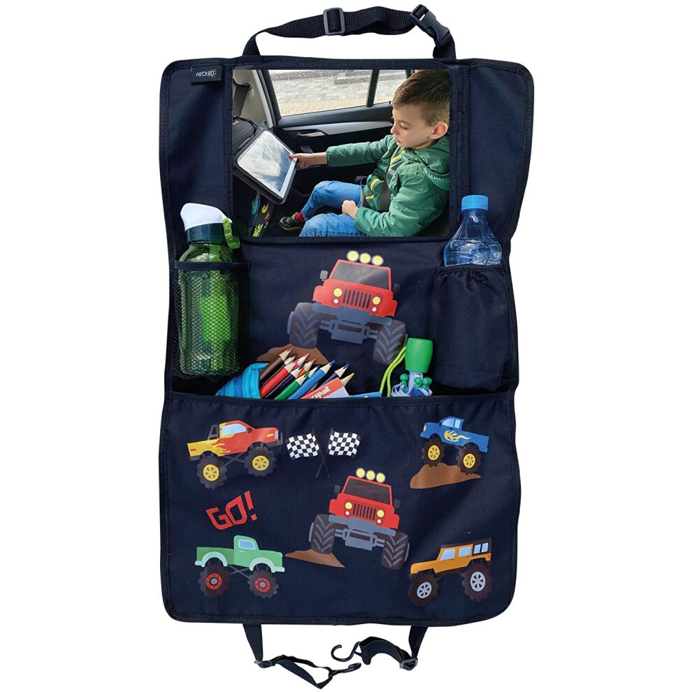 Heckbo 1X Car Backseat Organizer With Adjustable Tablet Pocket For Tablets Up To 20 Inches With Touch Foil - Monster Truck -...