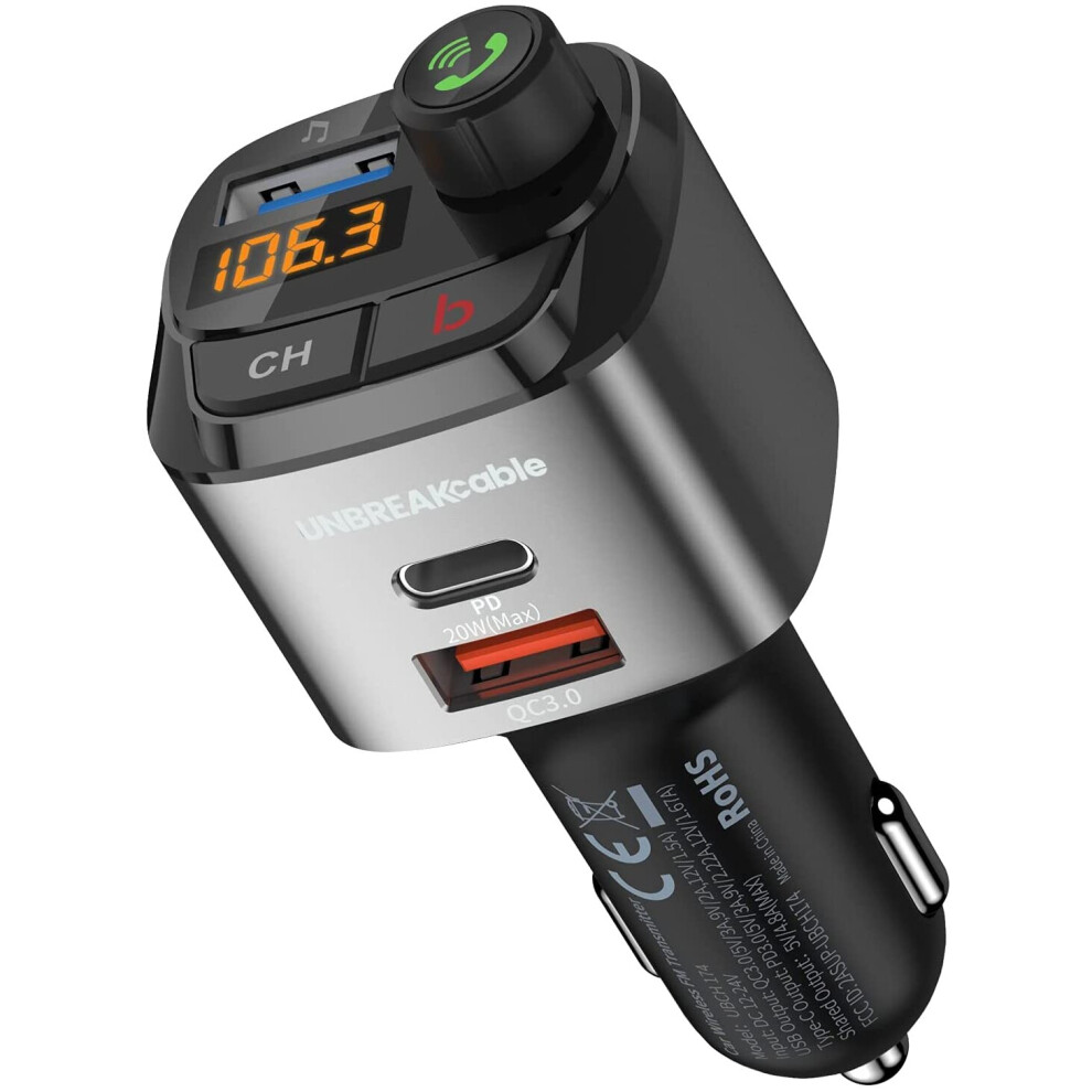 UNBREAKcable Bluetooth FM Transmitter for Car, Wireless Bluetooth 5.0 FM Radio Adapter, Car Charger with 3 USB Ports (PD3.0 &...