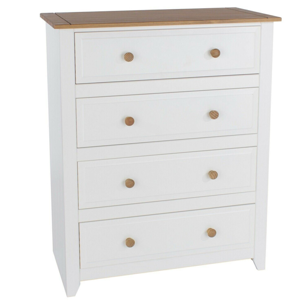 White 4 Drawer Chest of Drawers Solid Pine Top and Handles Bedroom Storage