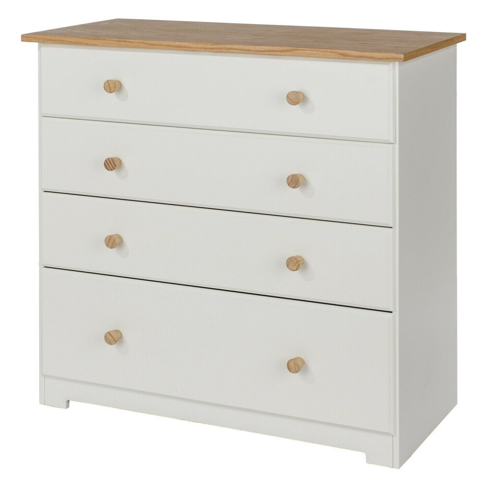 Vintage Style 4 Drawer Chest Sideboard Cabinet in White - With Oak Top & Handles