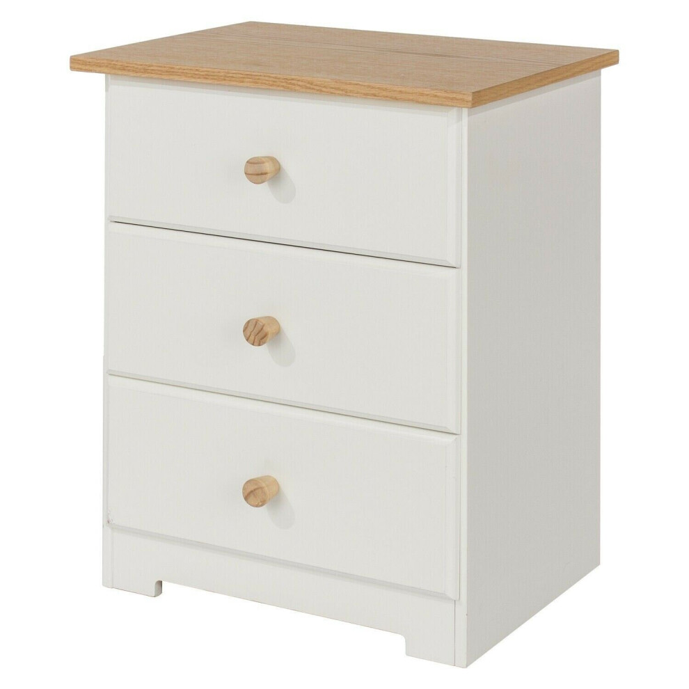 Vintage Style 3 Drawer Petite Bedside Cabinet in White With Oak Top & Handles