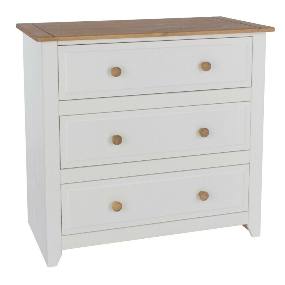 White 3 Drawer Chest of Drawers Solid Pine Top and Handles Bedroom Storage