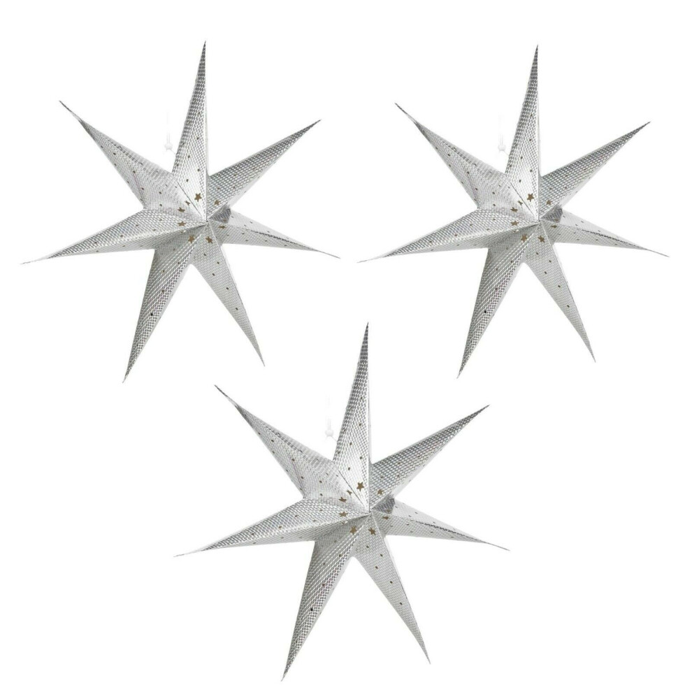 (3 x Silver) 3x Large LED Paper Star Hanging Christmas Lantern