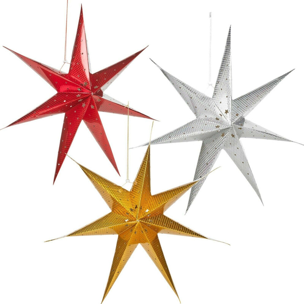 (One of Each) 3x Large LED Paper Star Hanging Christmas Lantern